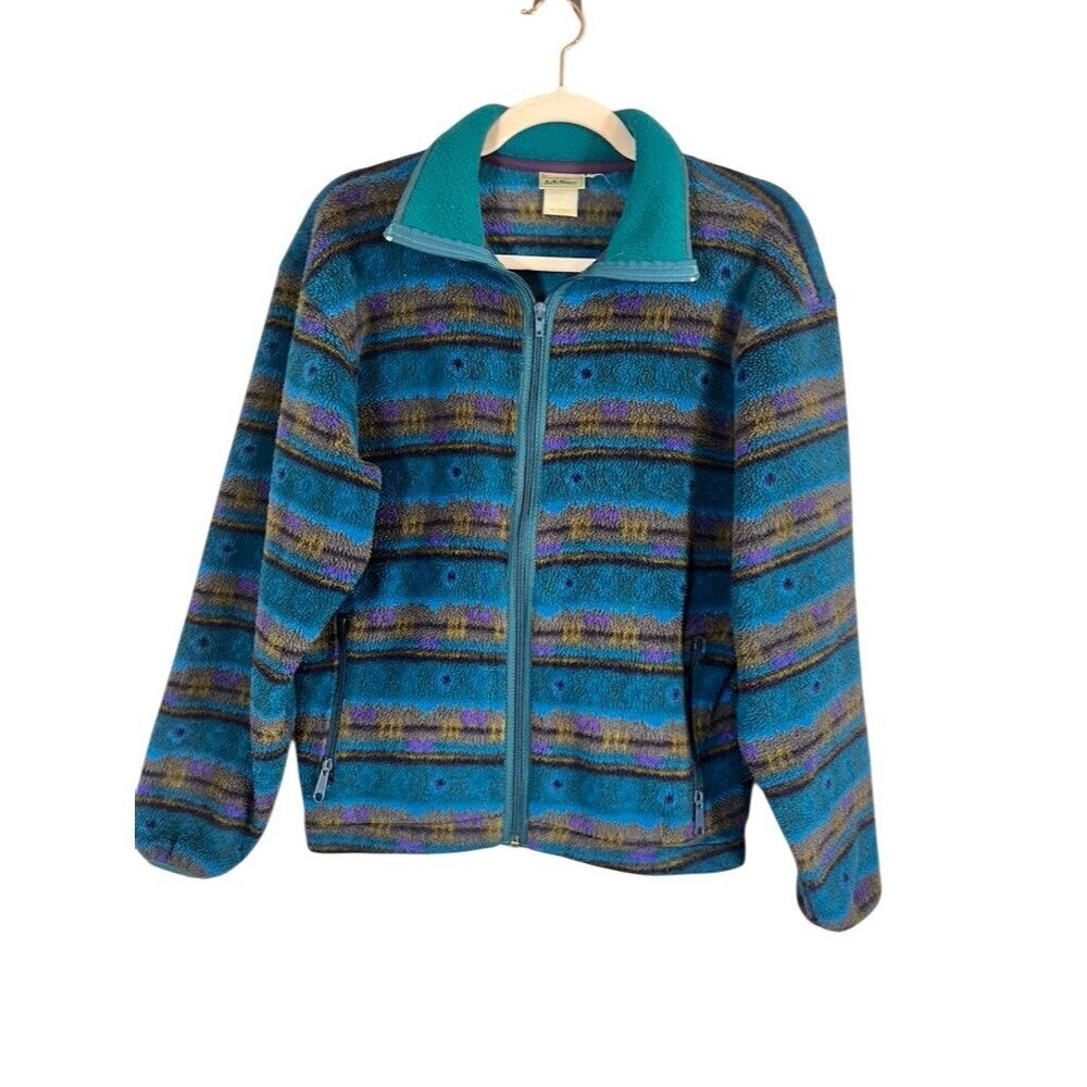 LL Bean Vintage 90s Fleece Jacket S Blue Aztec Tribal Striped Navajo Outdoor 90s